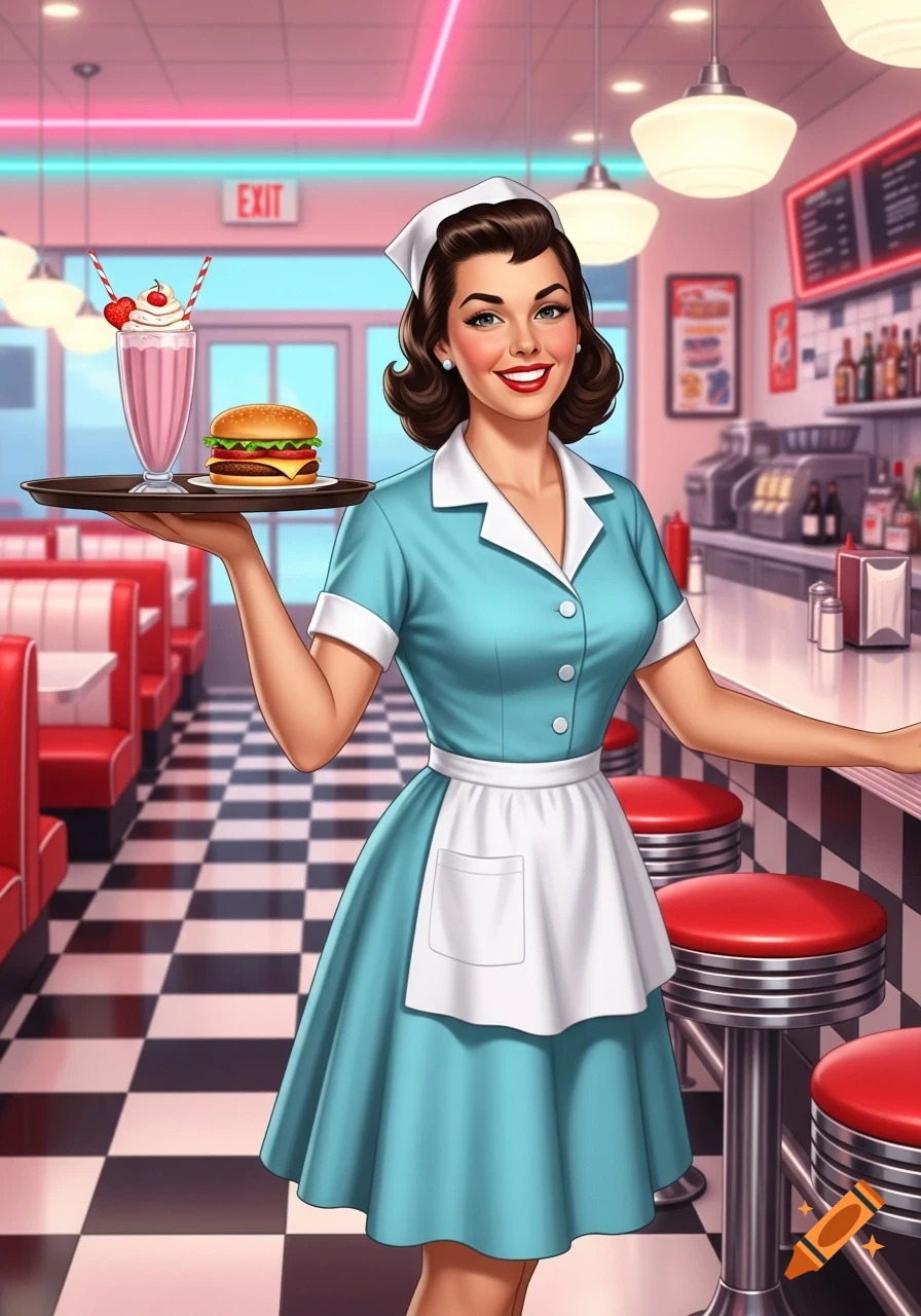 A smiling retro waitress in a blue uniform holds a burger and milkshake on a tray in a 1950s-style diner.