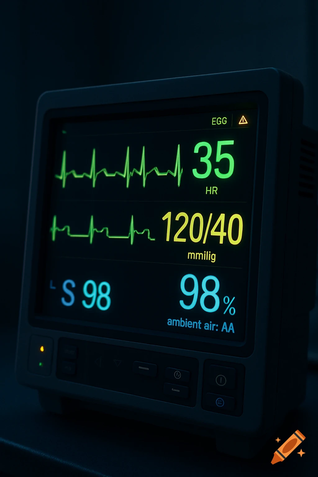 Close-up of a hospital ICU monitor displaying an ECG trace, heart rate 35 bpm, blood pressure 120/40, and oxygen saturation 98% in ambient air, with glowing green and blue numbers on a dark background.