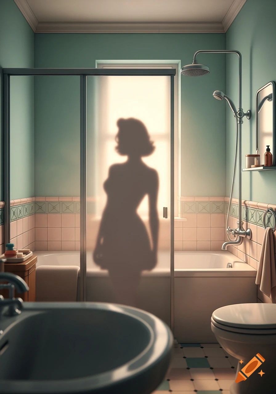 A retro 1950s bathroom in pastel mint green and pink, with a blurry female silhouette behind a frosted shower door in warm light.
