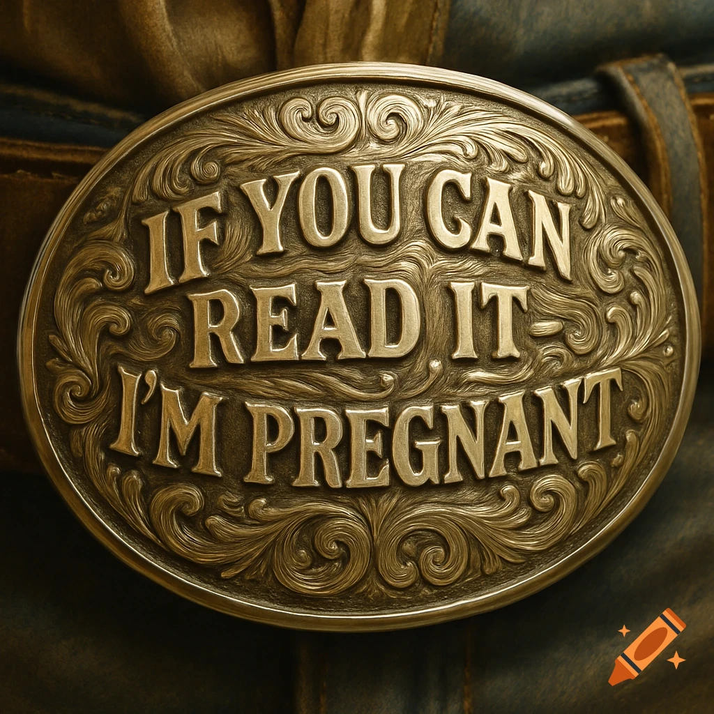 Close-up of an ornate gold belt buckle featuring embossed text that reads 'IF YOU CAN READ IT - I'M PREGNANT'.