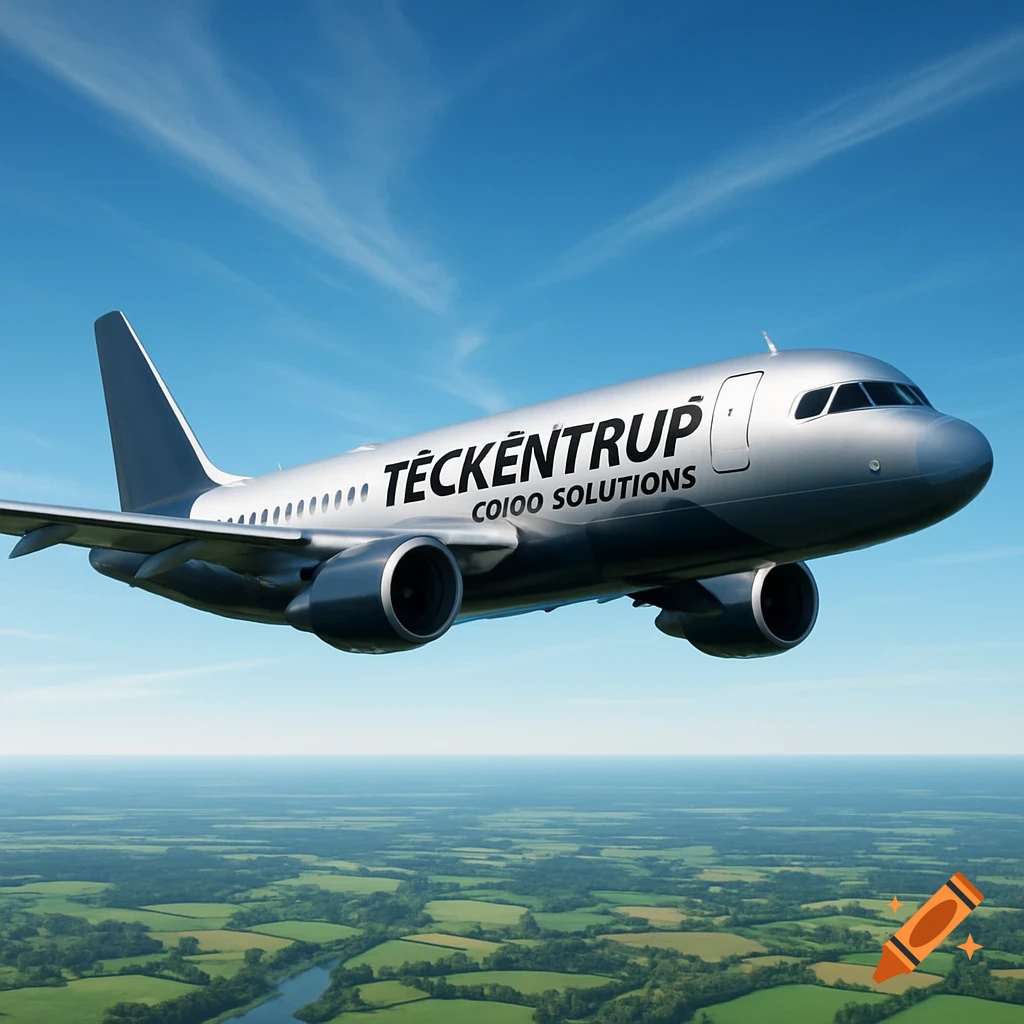 Photorealistic airplane with 'TÉCKENTRUP COIOO SOLUTIONS' on its side, flying over a green landscape under a blue sky.