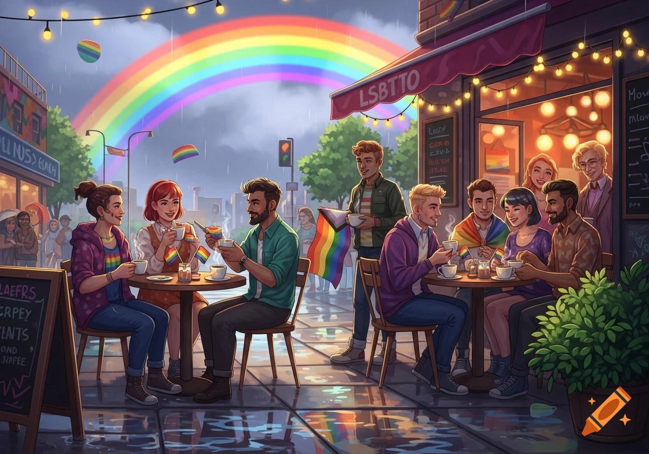 An illustration of diverse LSBTIQ people drinking coffee outside a cafe under a large rainbow, reflecting on a wet street.