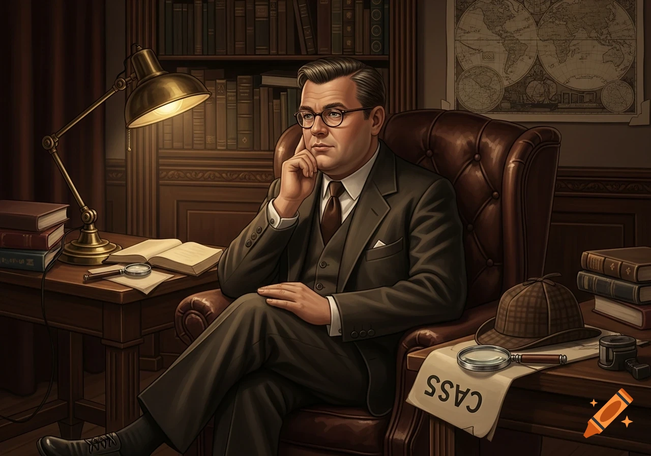 An illustration of a thoughtful man in glasses and a suit, sitting in a leather armchair in a library, next to a desk lamp and detective tools like a magnifying glass and a deerstalker hat.