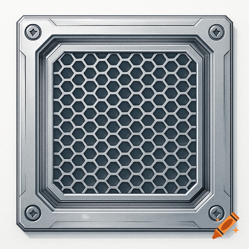 A close-up, orthographic view of a metallic sci-fi industrial ventilation grille with a hexagonal mesh pattern, set against a white background.
