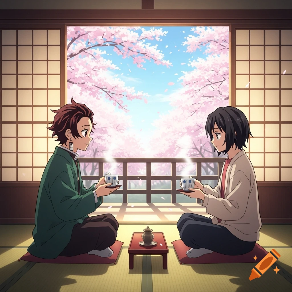 Tanjiro and Giyu sit in a Japanese tatami room, drinking tea while cherry blossoms bloom outside, in an anime style.