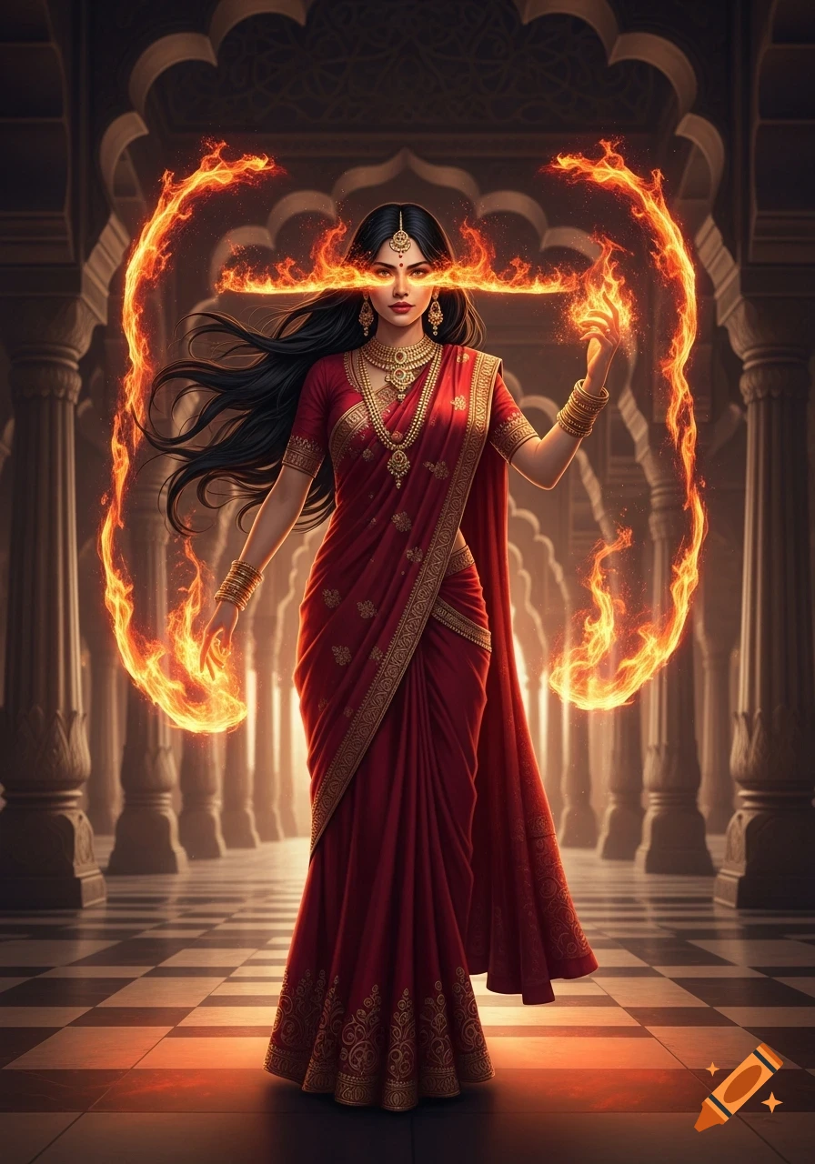 A beautiful South Asian woman in a red and gold sari, adorned with jewelry, casts fire magic from her eyes and hands in a palace corridor.
