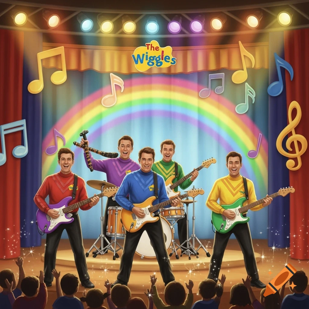 The Wiggles band members play guitars on a colorful stage with a rainbow and musical notes, cheered by an audience.