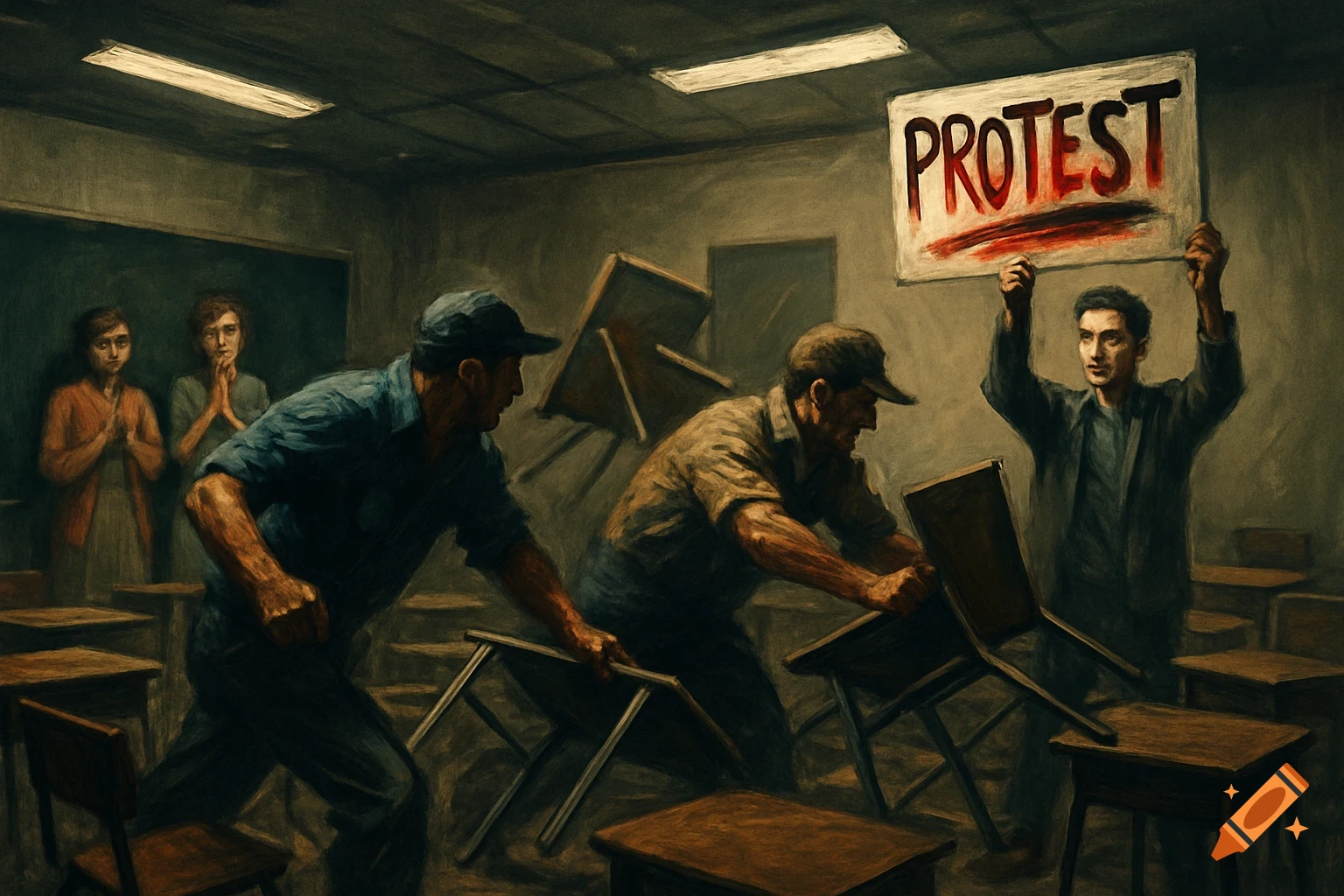 Dark, painterly scene of a classroom protest: a man holds a 'PROTEST' sign while others overturn desks, two women watch.