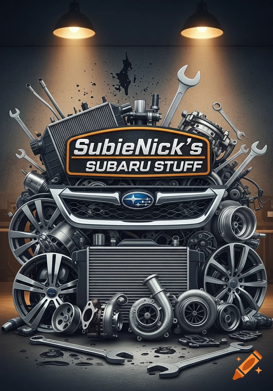A stylized pile of automotive parts and tools, including a Subaru grille, with a sign reading "SubieNick's SUBARU STUFF" in a garage setting.