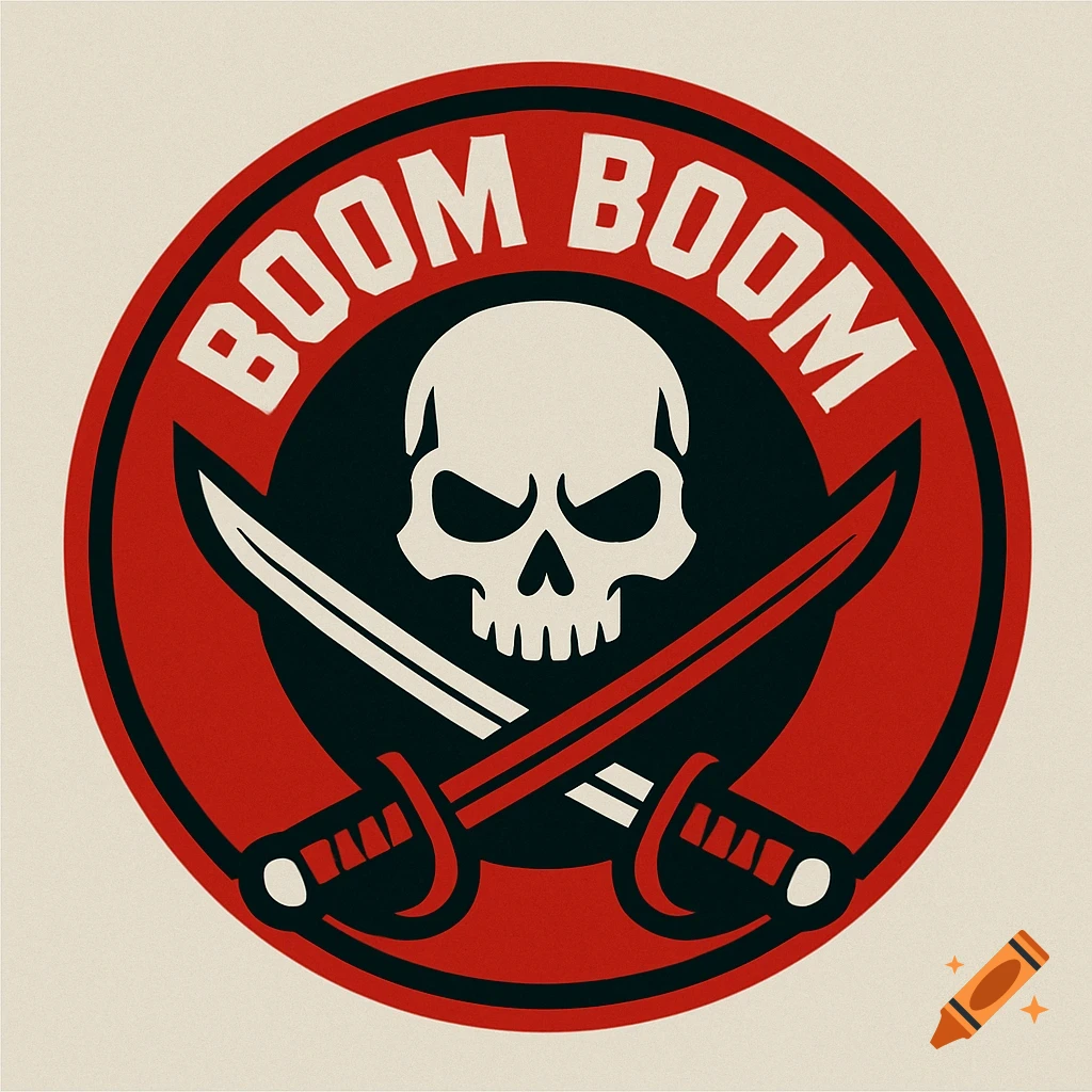 A red, black, and white circular logo with a skull and crossed swords, surrounded by the words 'BOOM BOOM'.