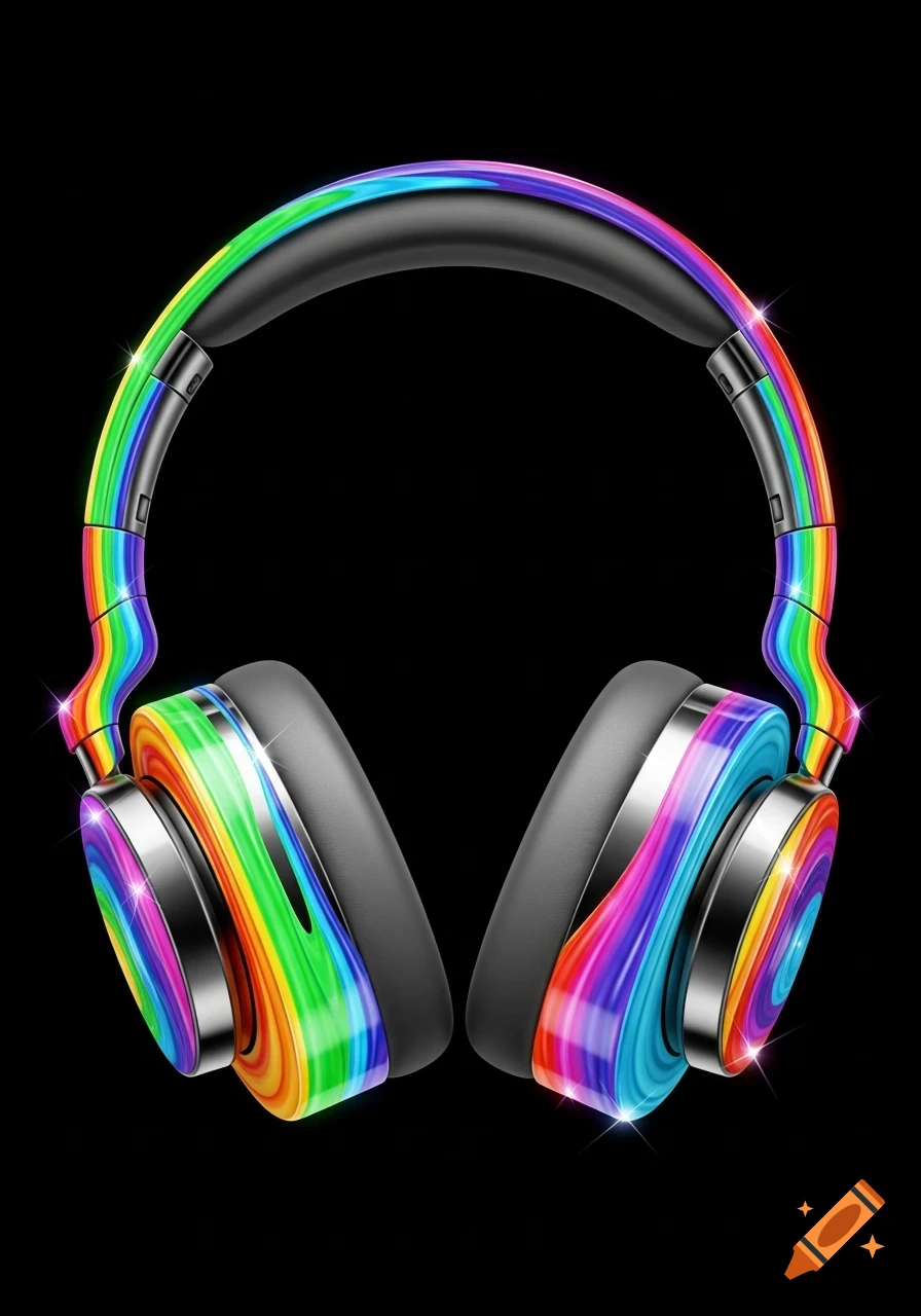 A pair of cool headphones with vibrant rainbow liquid stripes and metallic accents against a black background.