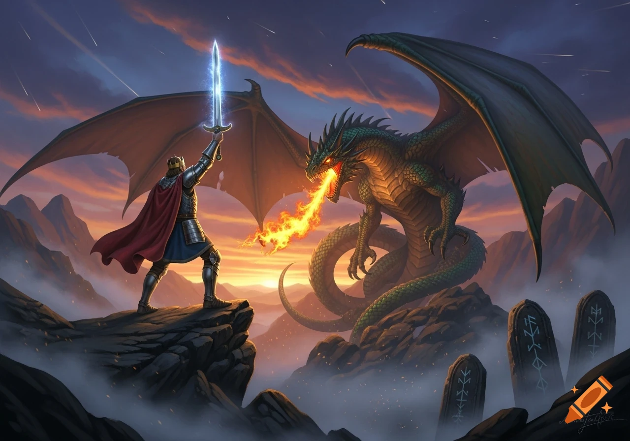 A knight with a glowing sword confronts a fire-breathing dragon on a mountain peak at sunset, with rune stones.