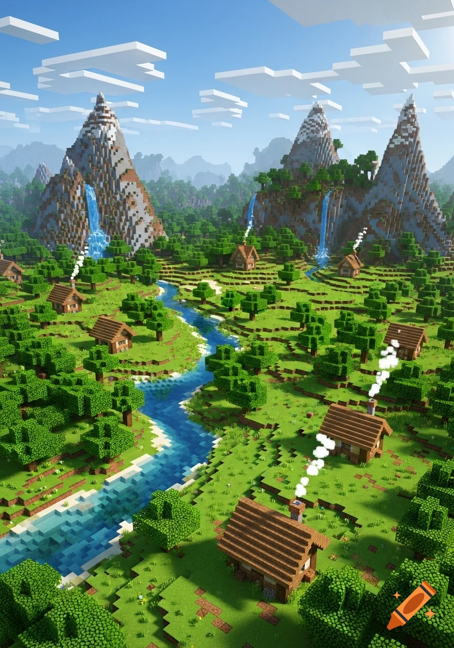A vibrant, blocky landscape inspired by Minecraft, featuring mountains with waterfalls, a winding river, green forests, and small wooden houses under a blue sky.