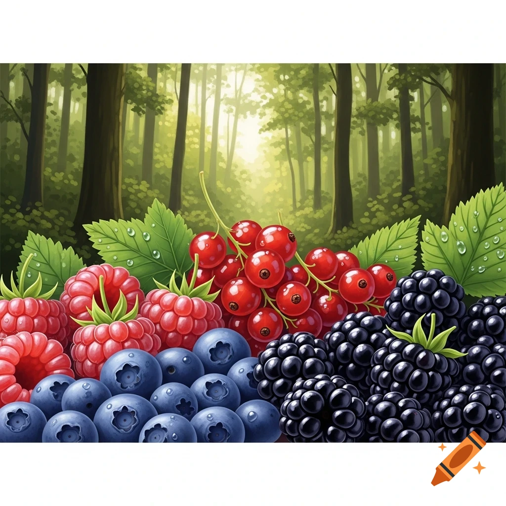 Close-up of fresh red raspberries, redcurrants, blue blueberries, and black blackberries in front of a bright green forest background.