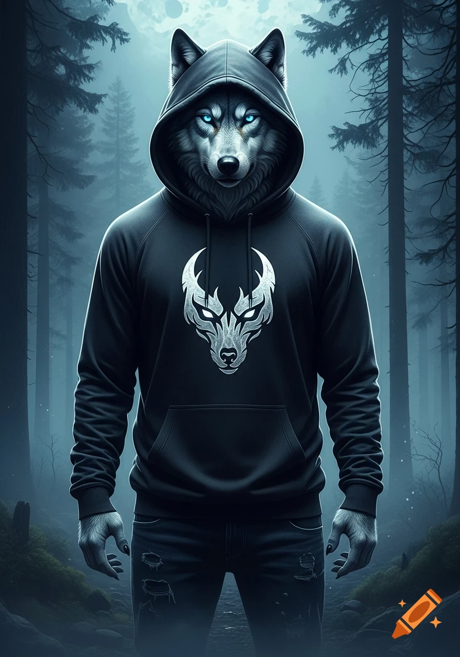 An anthro wolf with glowing blue eyes in a dark hoodie and ripped jeans stands in a foggy forest under a full moon. Digital art.