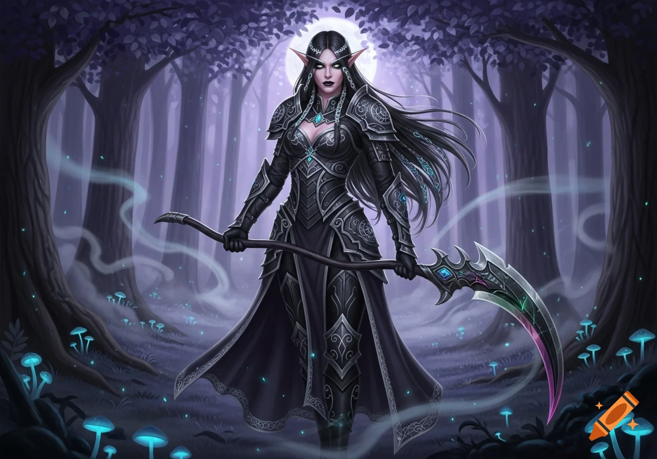 A dark elf warrior with long black hair and black armor holds a scythe in a mystical, moonlit forest with glowing mushrooms, digital art.