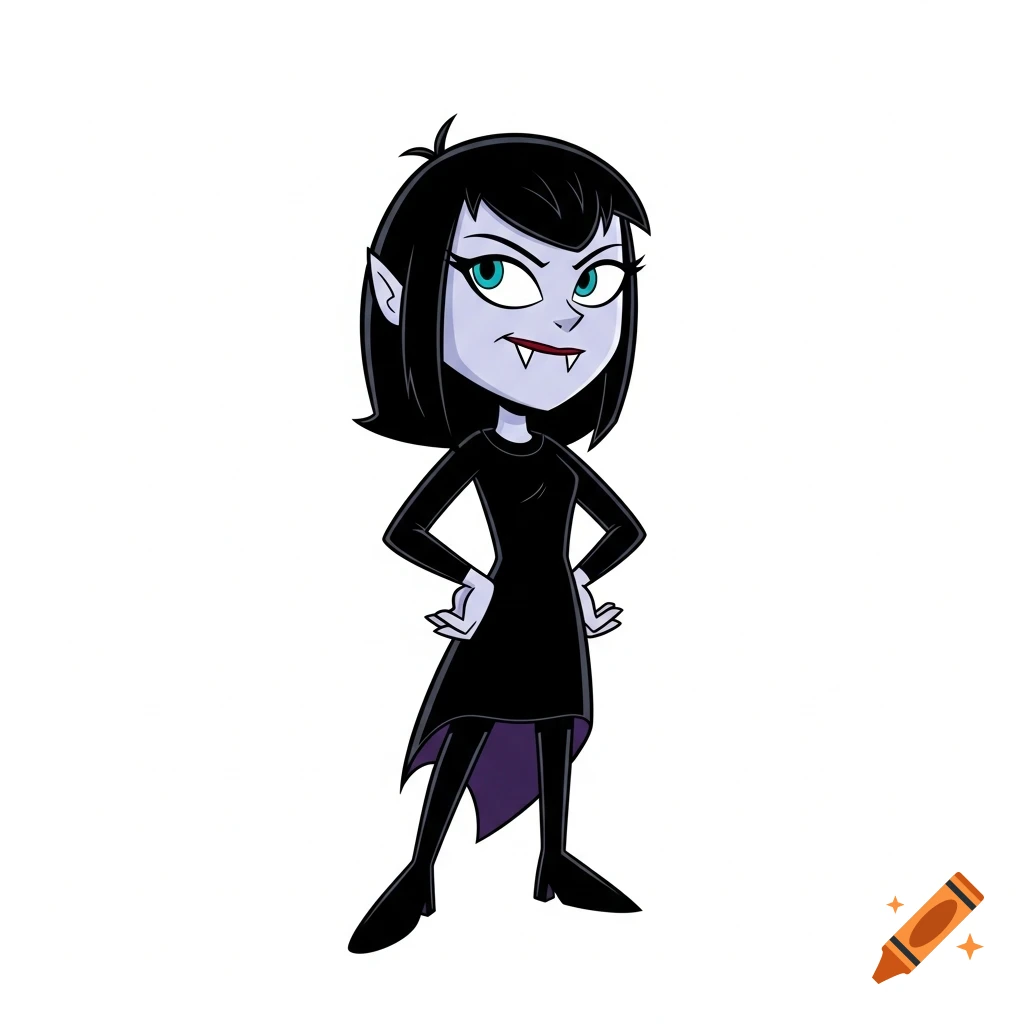 Mavis Dracula from Hotel Transylvania, drawn in the style of Dexter's Laboratory, stands with hands on hips against a white background.