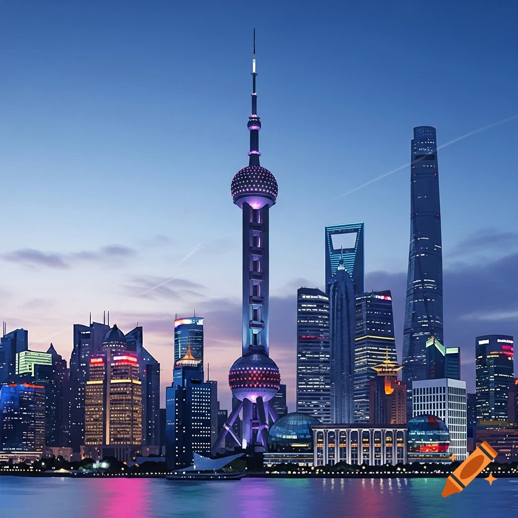 Shanghai cityscape at dusk featuring the Oriental Pearl TV Tower and other illuminated skyscrapers reflecting on the water.