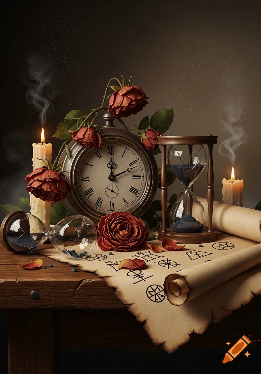 A dark still life features a large pocket watch with Roman numerals, two hourglasses, lit candles, and red roses arranged on a wooden table with an old scroll covered in symbols.