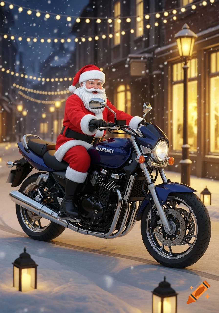 Santa Claus rides a blue Suzuki motorcycle down a snowy street adorned with string lights and lanterns, photorealistic style.