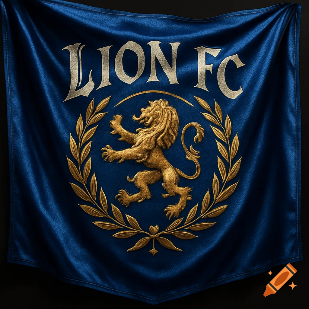 A blue silk banner features a gold lion crest surrounded by olive branches, with 'LION FC' text above.