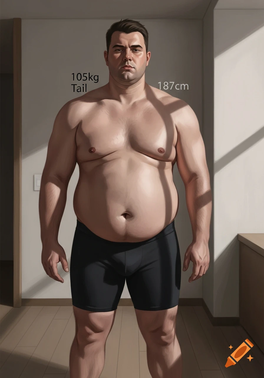 A shirtless, overweight man in black shorts stands facing forward, with '105kg Tail' and '187cm' text on the wall.