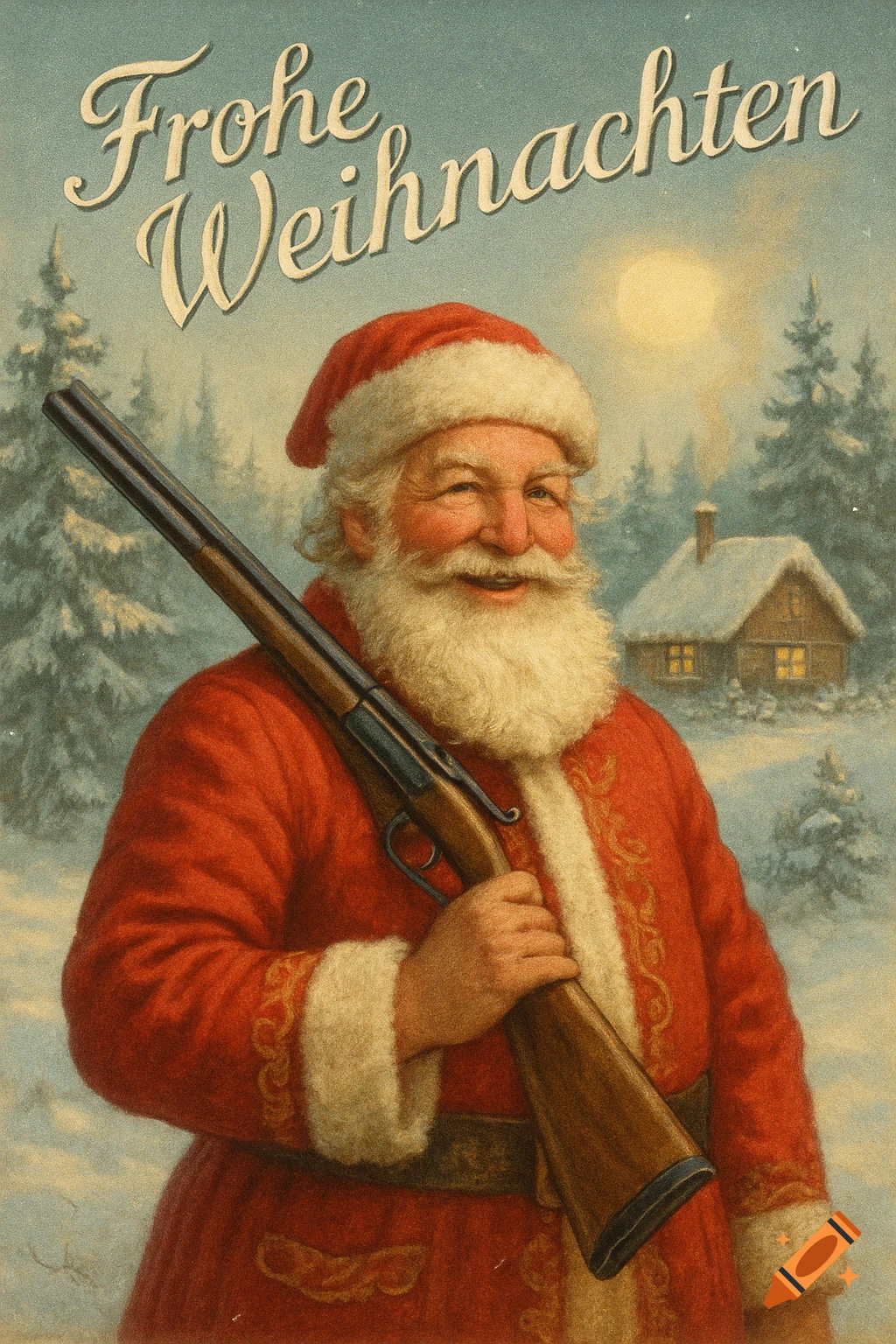 A vintage illustration of a smiling Santa Claus in a snowy landscape holding a shotgun, with 'Frohe Weihnachten' at the top.