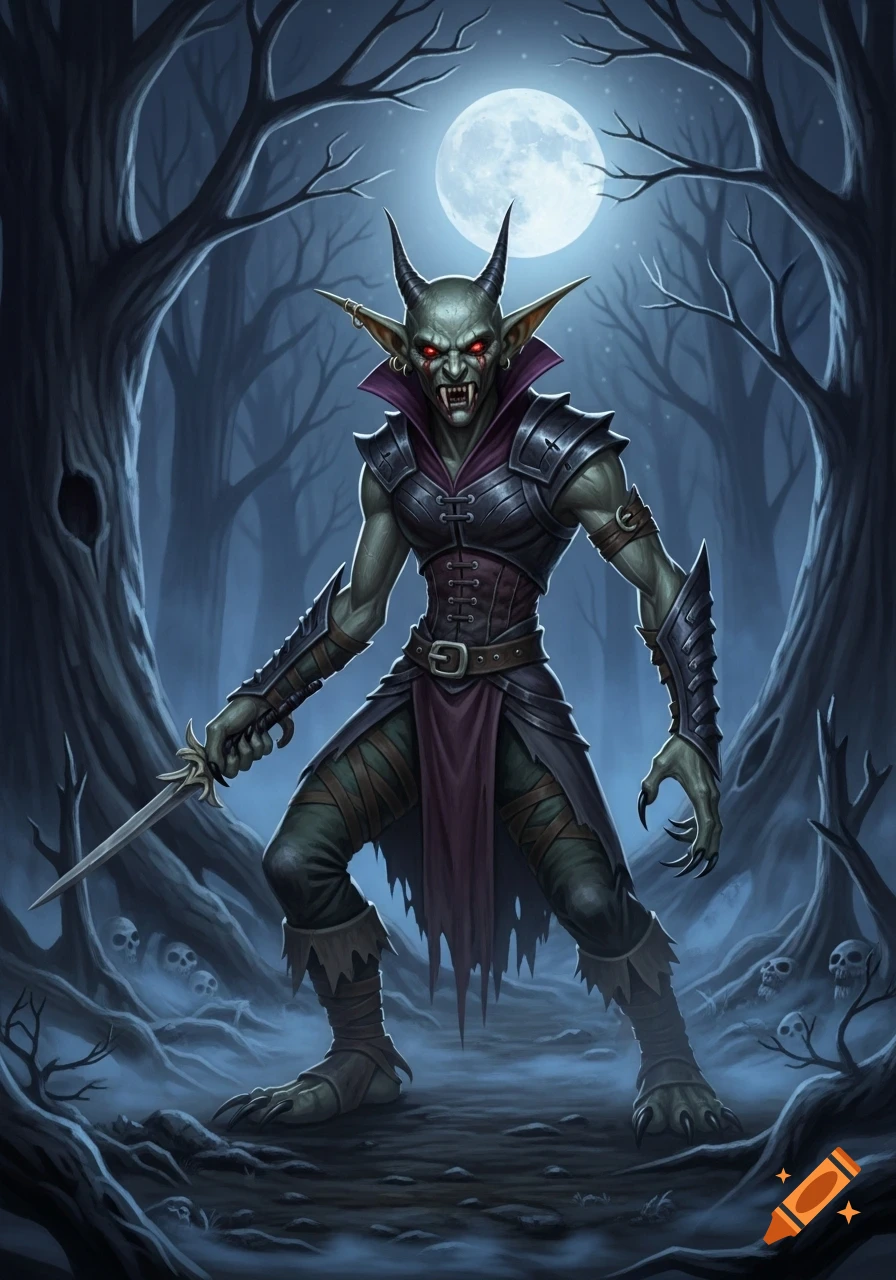A green-skinned goblin vampire with horns and red eyes stands in a dark forest under a full moon, holding a dagger.