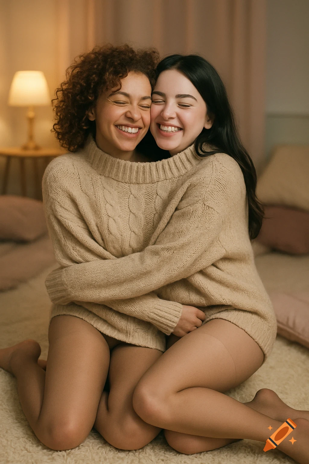 Two smiling women with closed eyes cuddle and hug each other while sitting on a textured rug in a cozy, warm-lit room.