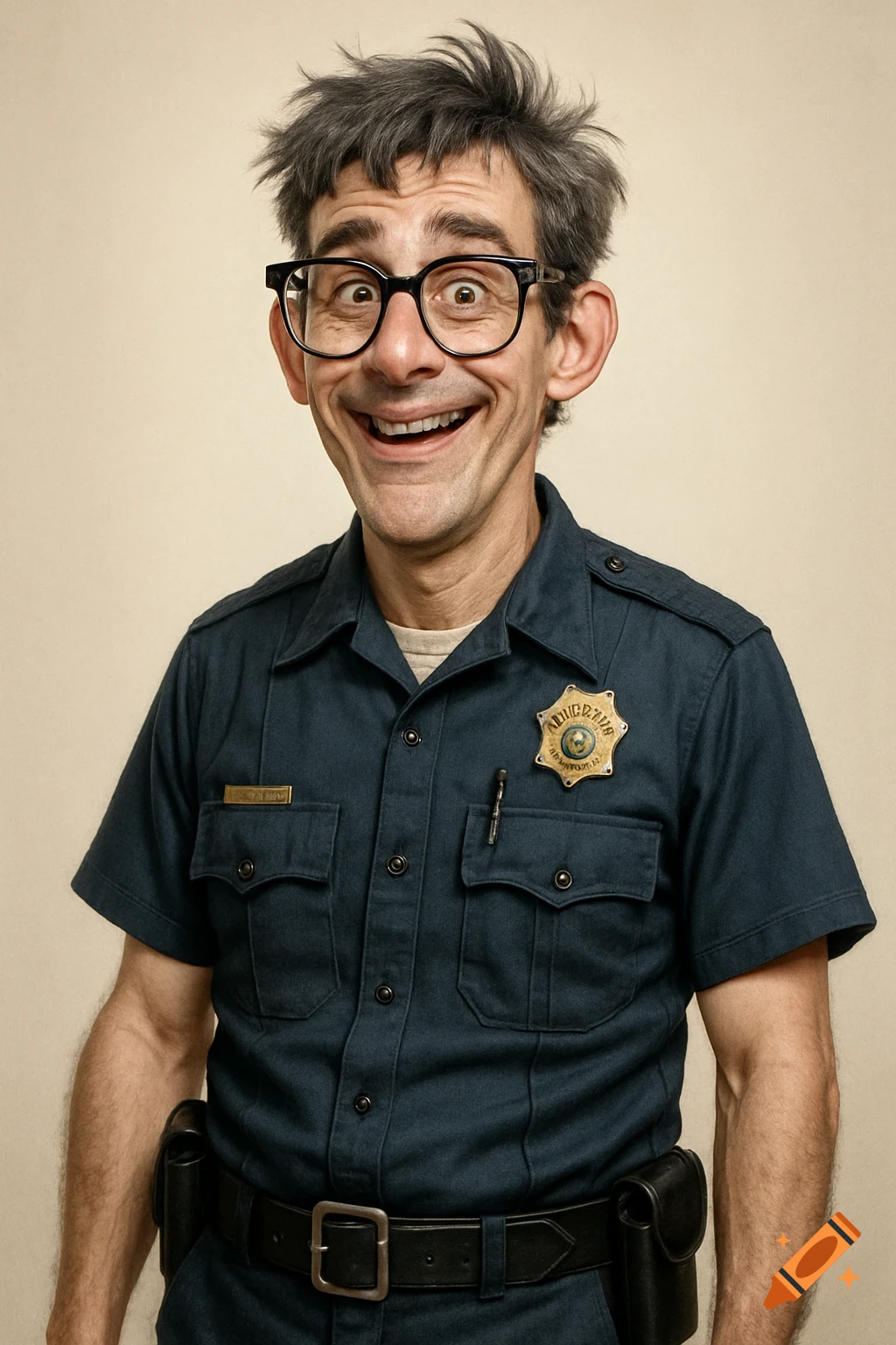 A goofy man with messy gray hair and thick-rimmed glasses grins widely while wearing a police uniform.