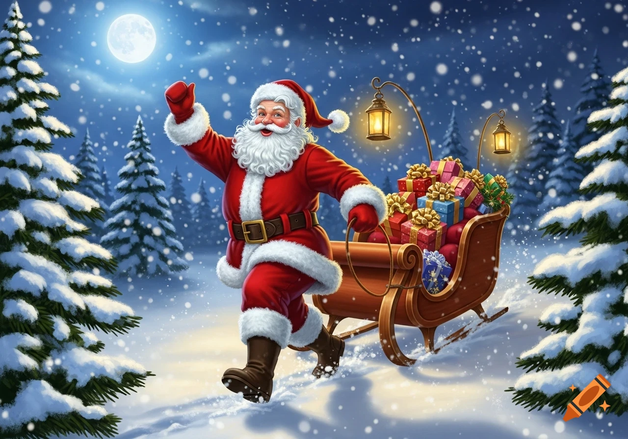 Jolly Santa Claus pulls a sleigh full of gifts through a snowy forest under a full moon, with snow falling.