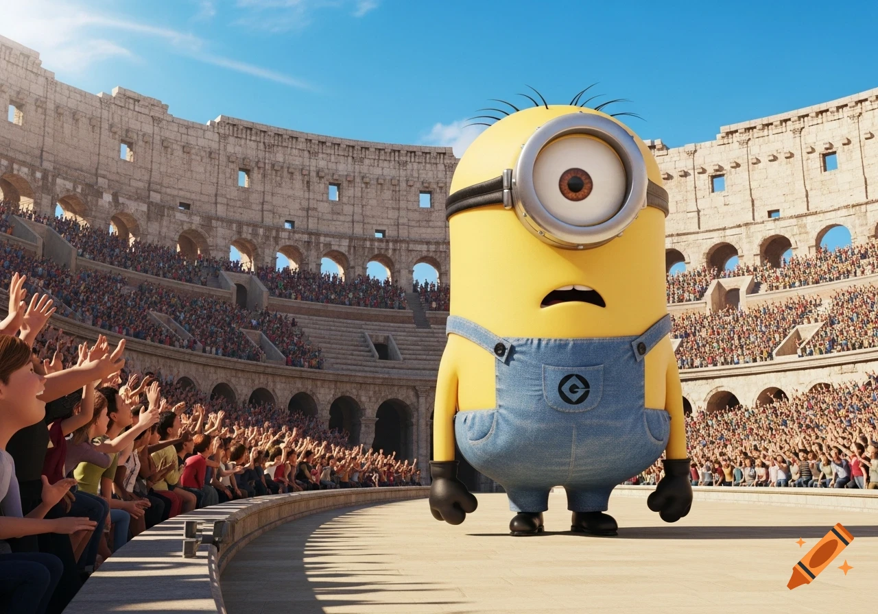 A confused, giant Minion in overalls stands in the middle of a crowded ancient Colosseum as the audience cheers.