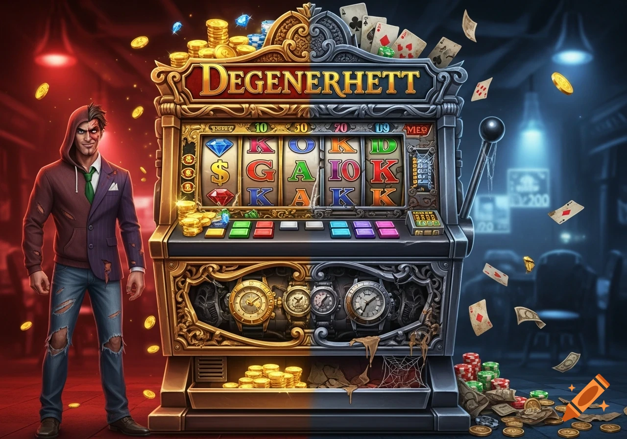 A stylized two-faced male character stands beside a bifurcated slot machine in a dark, red and blue lit gambling den.