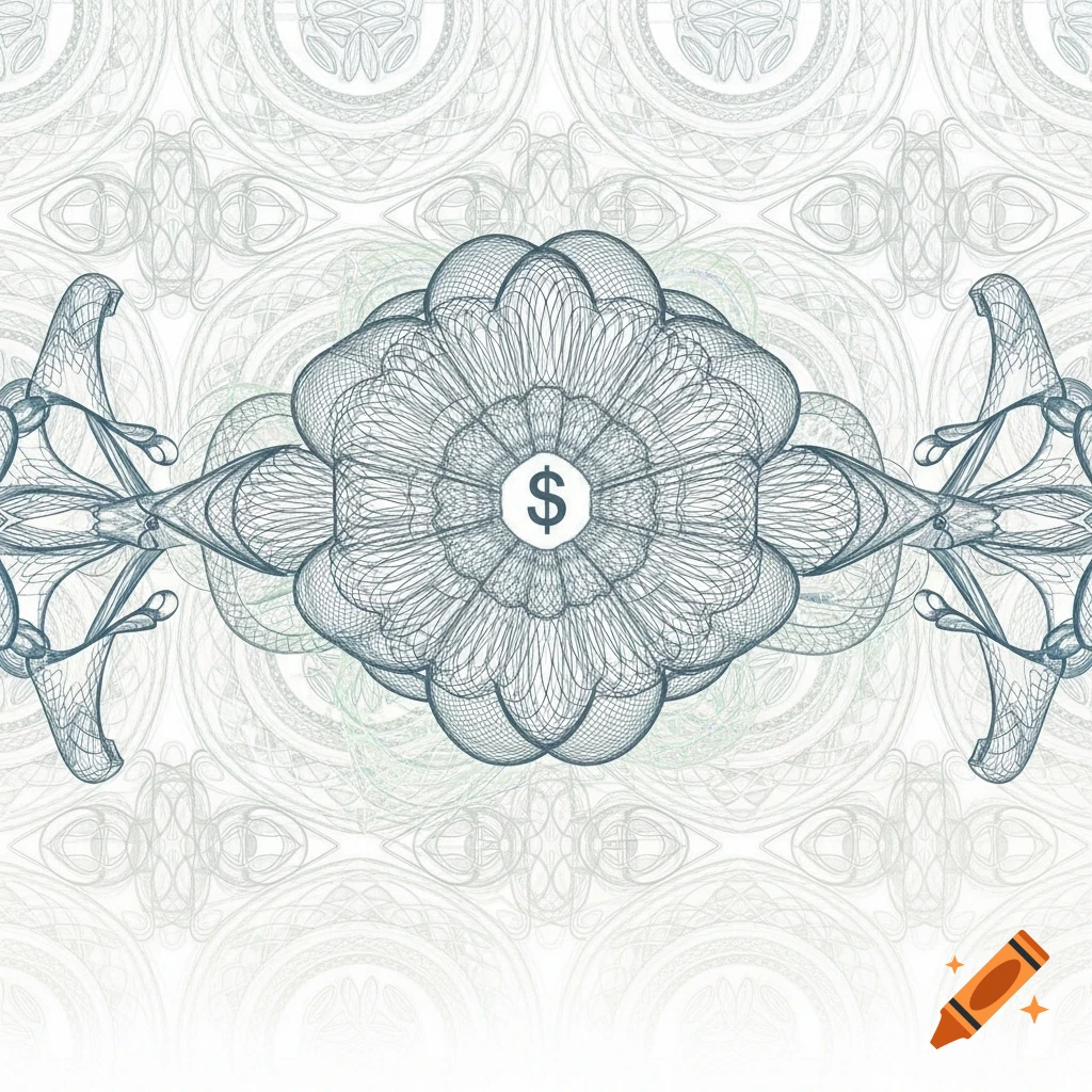 An intricate green and white guilloche pattern with a central dollar sign symbol.