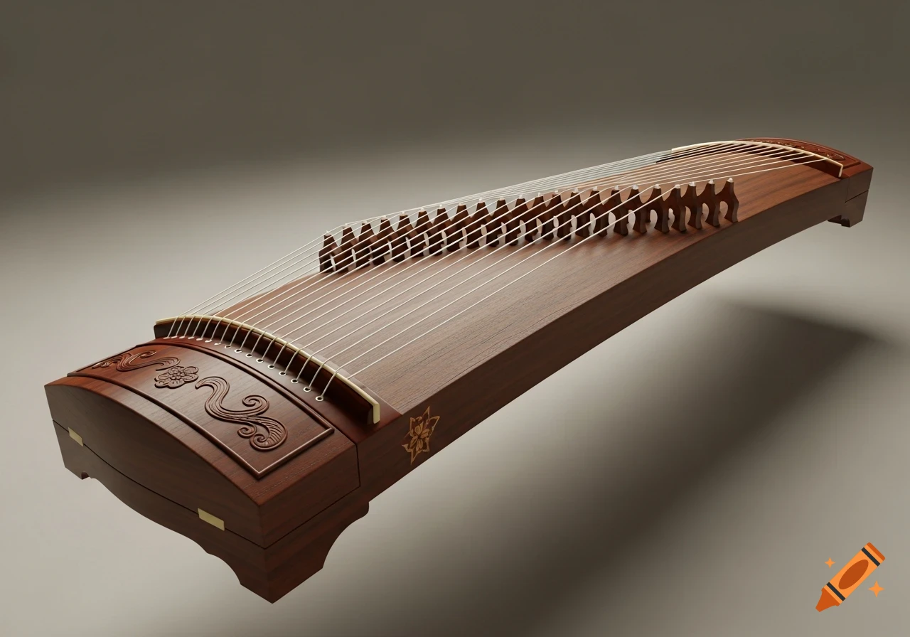 A highly detailed, photorealistic 3D rendering of a wooden Guzheng musical instrument.