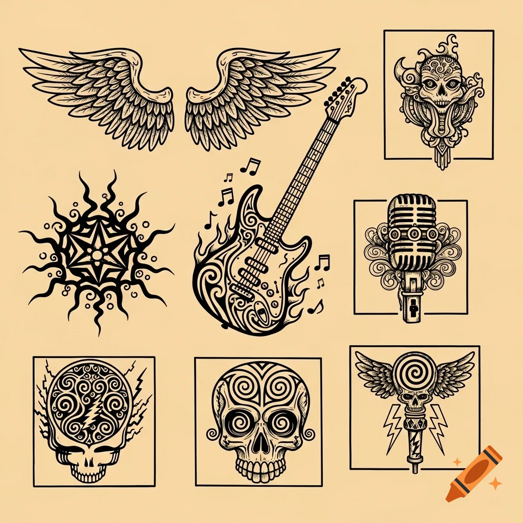 A collection of black-and-white rock-themed illustrations on a beige background, featuring wings, an electric guitar, a microphone, and various stylized skulls, including one with a lightning bolt symbol.