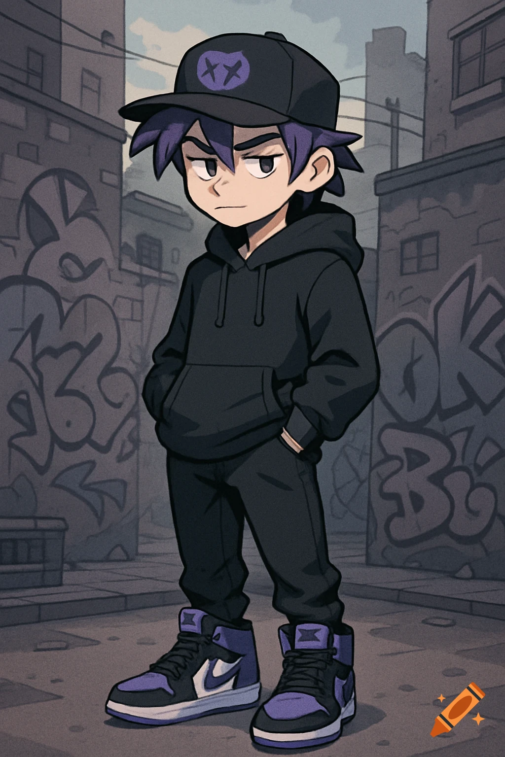 A cartoon teenage boy in a black hoodie, black cap with a purple X-eyed smiley logo, and purple and black high-top sneakers stands in an urban alley with graffiti.