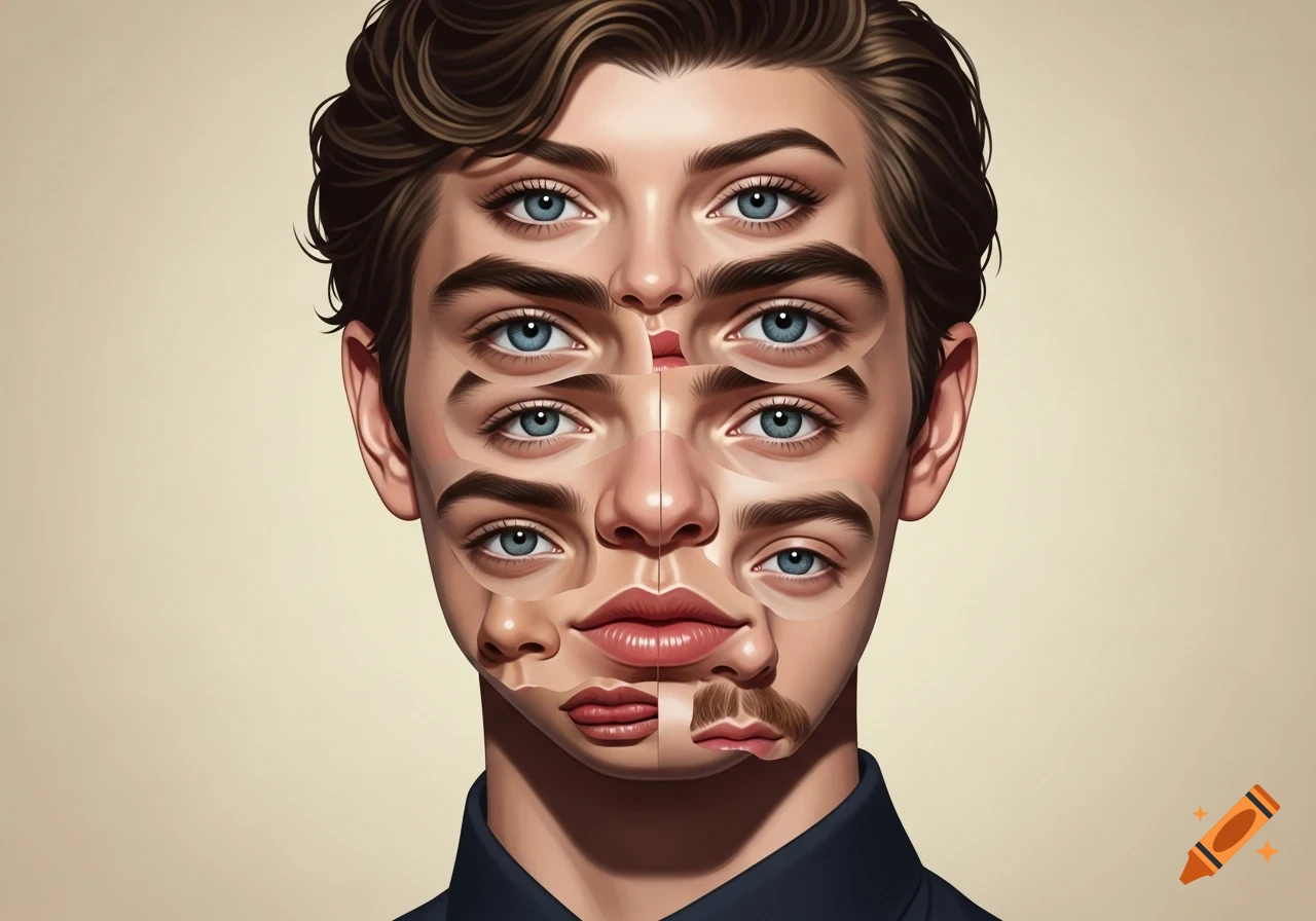 A surreal collage portrait of a young person's face, composed of multiple eyes, noses, and lips from different faces on a light background.
