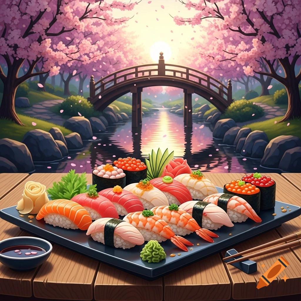 A vibrant illustration of a sushi platter on a wooden table, set against a Japanese landscape with a bridge, river, and pink cherry blossoms at sunset.