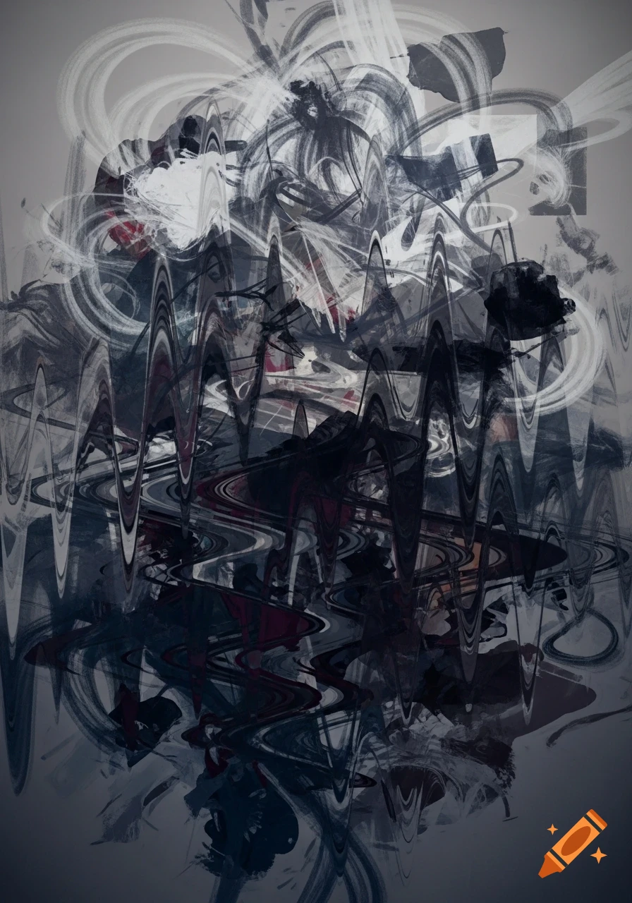 Abstract textured art with swirling white, gray, and dark blue brushstrokes, creating a wavy, dreamlike pattern.