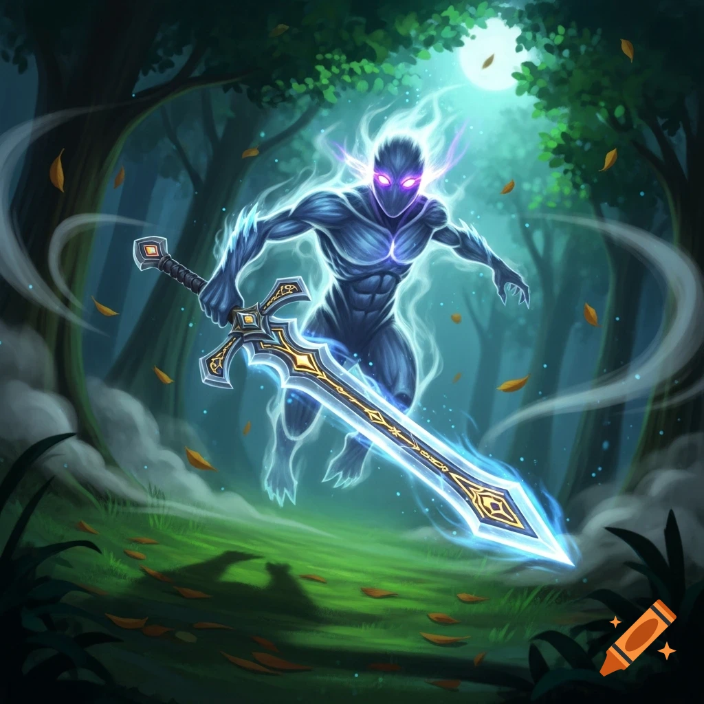 A glowing blue sword spirit monster with purple eyes wields a glowing ornate sword in a dark fantasy forest at night.