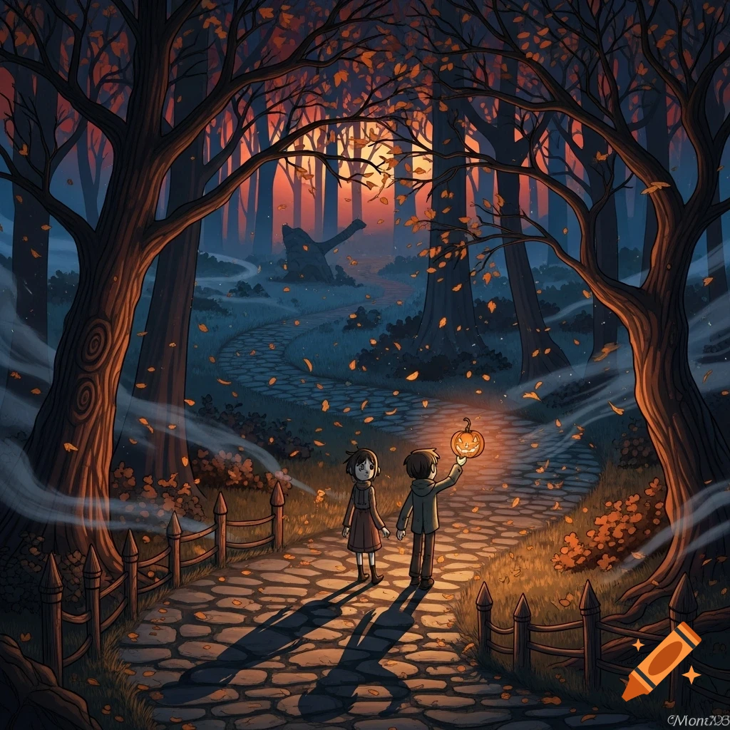 Two cartoon children walk along a winding stone path in a dark, autumnal forest at dusk, one holding a glowing jack-o'-lantern.