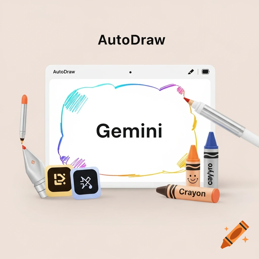 A tablet displays 'Gemini' with a colorful border, and 'AutoDraw' above. Drawing tools like a stylus, marker, and crayons surround it.
