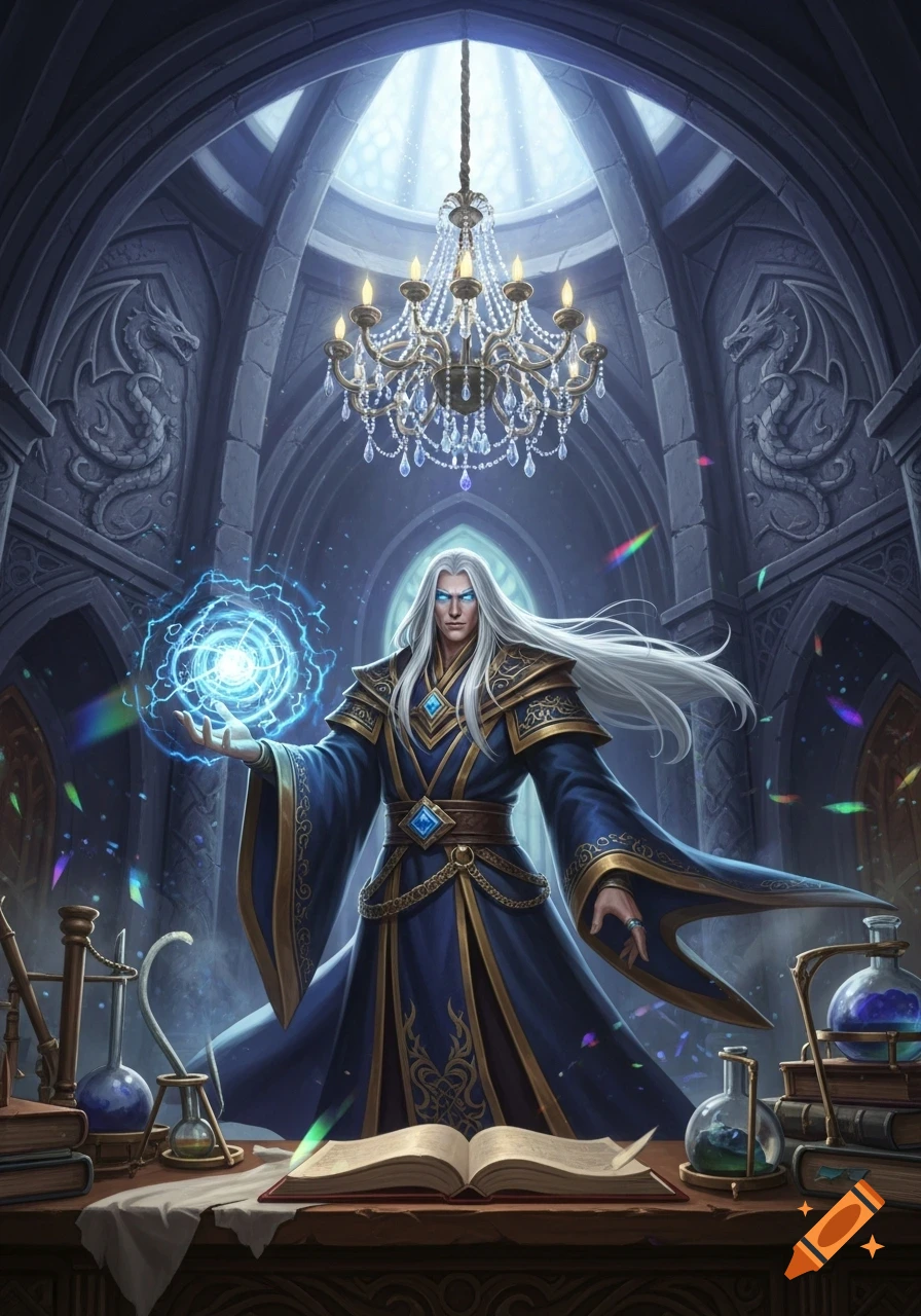 A powerful wizard with long white hair casts a glowing blue spell in a gothic, chandelier-lit chamber filled with arcane tools.