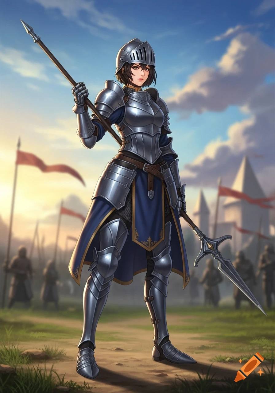 Anime-style full body portrait of a confident female knight in shining armor, holding a spear, with a battlefield at sunset in the background.