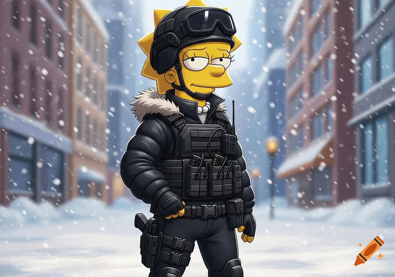 Cartoon Lisa Simpson in a black tactical jacket, vest, and helmet, standing in a snowy city street.
