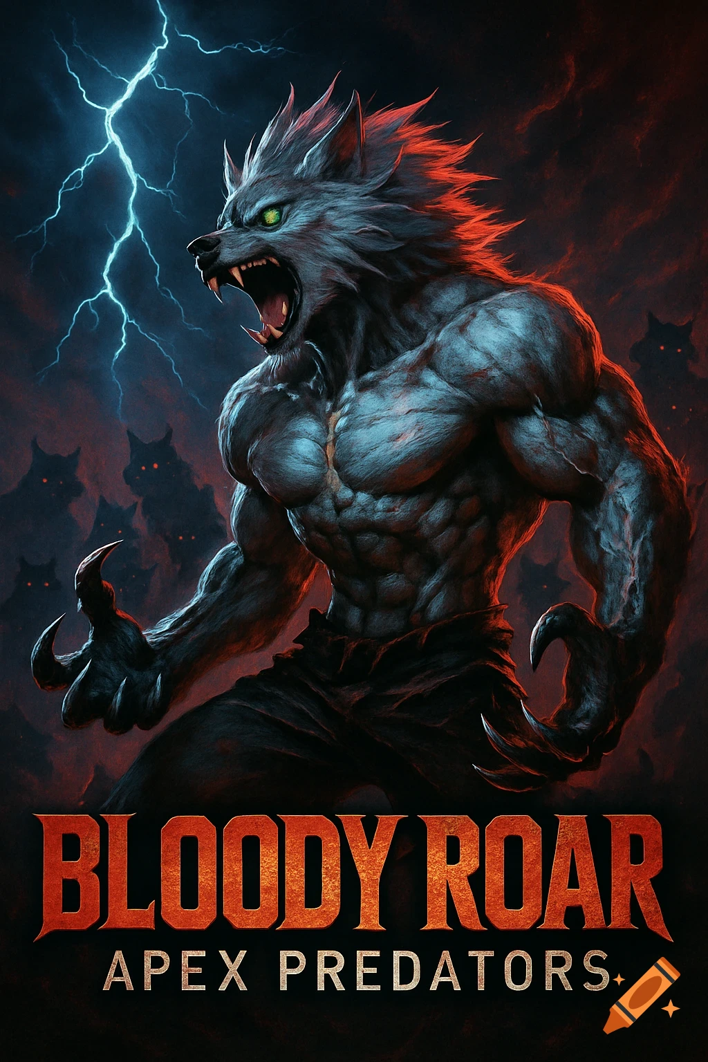 A muscular werewolf with glowing green eyes and sharp claws roars under a blue lightning bolt, with silhouetted figures in a fiery background. Text reads 'BLOODY ROAR APEX PREDATORS'.