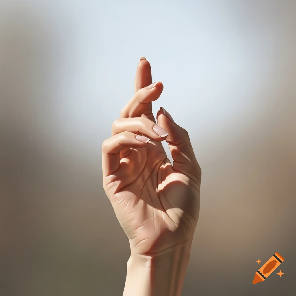 A female hand with light manicure and all fingers curled up, except for the index finger which is bent down, set against a blurred background.