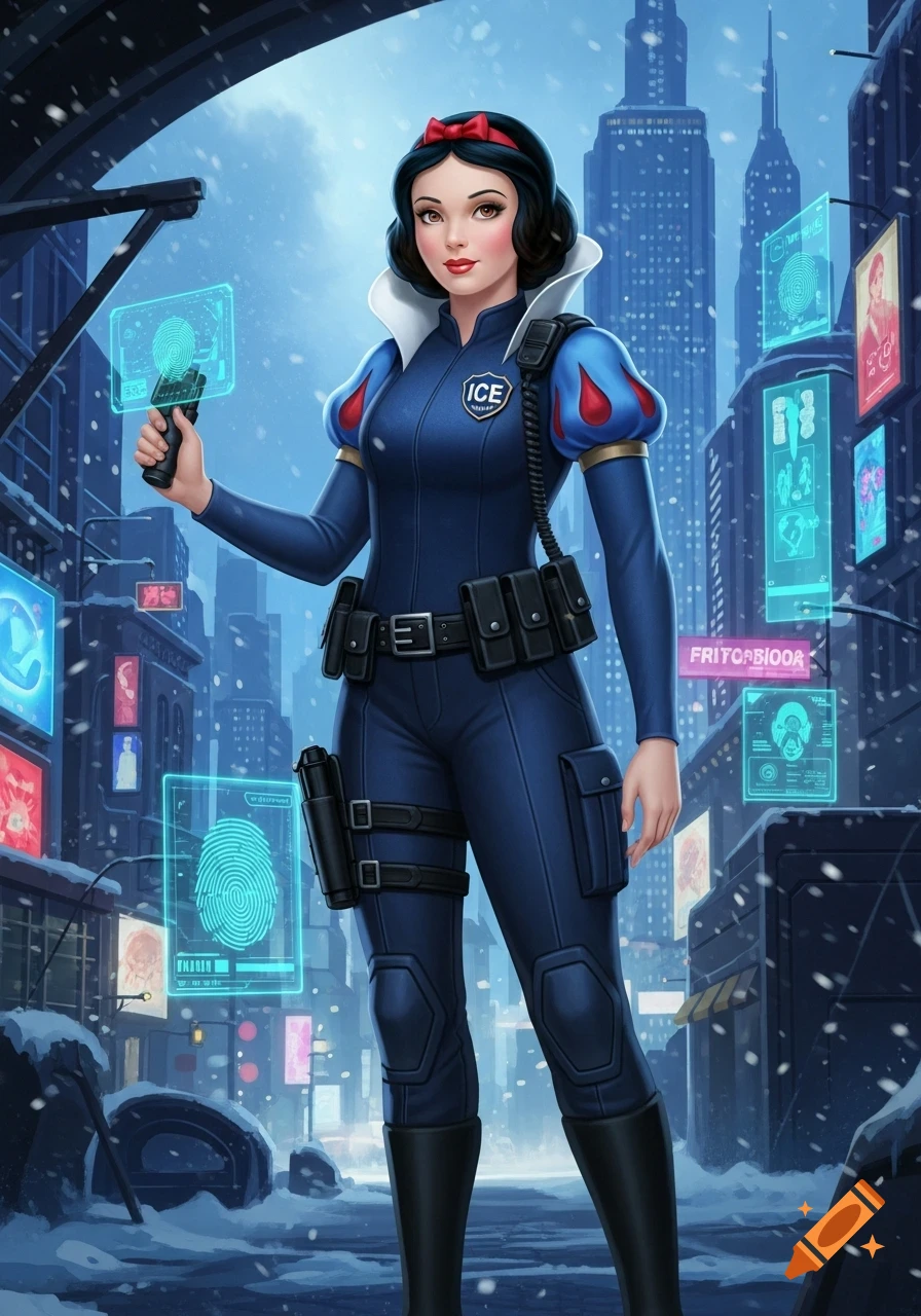 Snow White in a dark blue futuristic police uniform with a utility belt, holding a holographic device, standing in a snowy cyberpunk city.