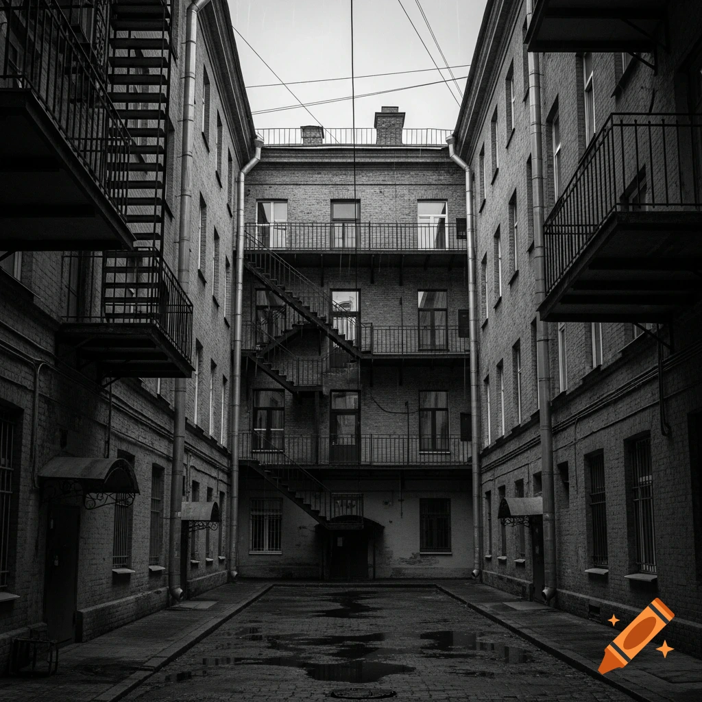 A black-and-white image of a narrow, gloomy St. Petersburg courtyard with old brick buildings, fire escapes, balconies, and puddles.